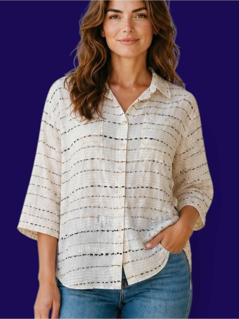 Alfred Dunner Cream Textured Button-Up Shirt